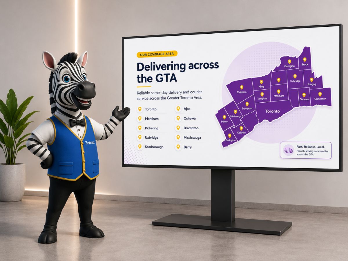 GTA coverage map showing Zebraz delivery zones across Toronto and Durham Region