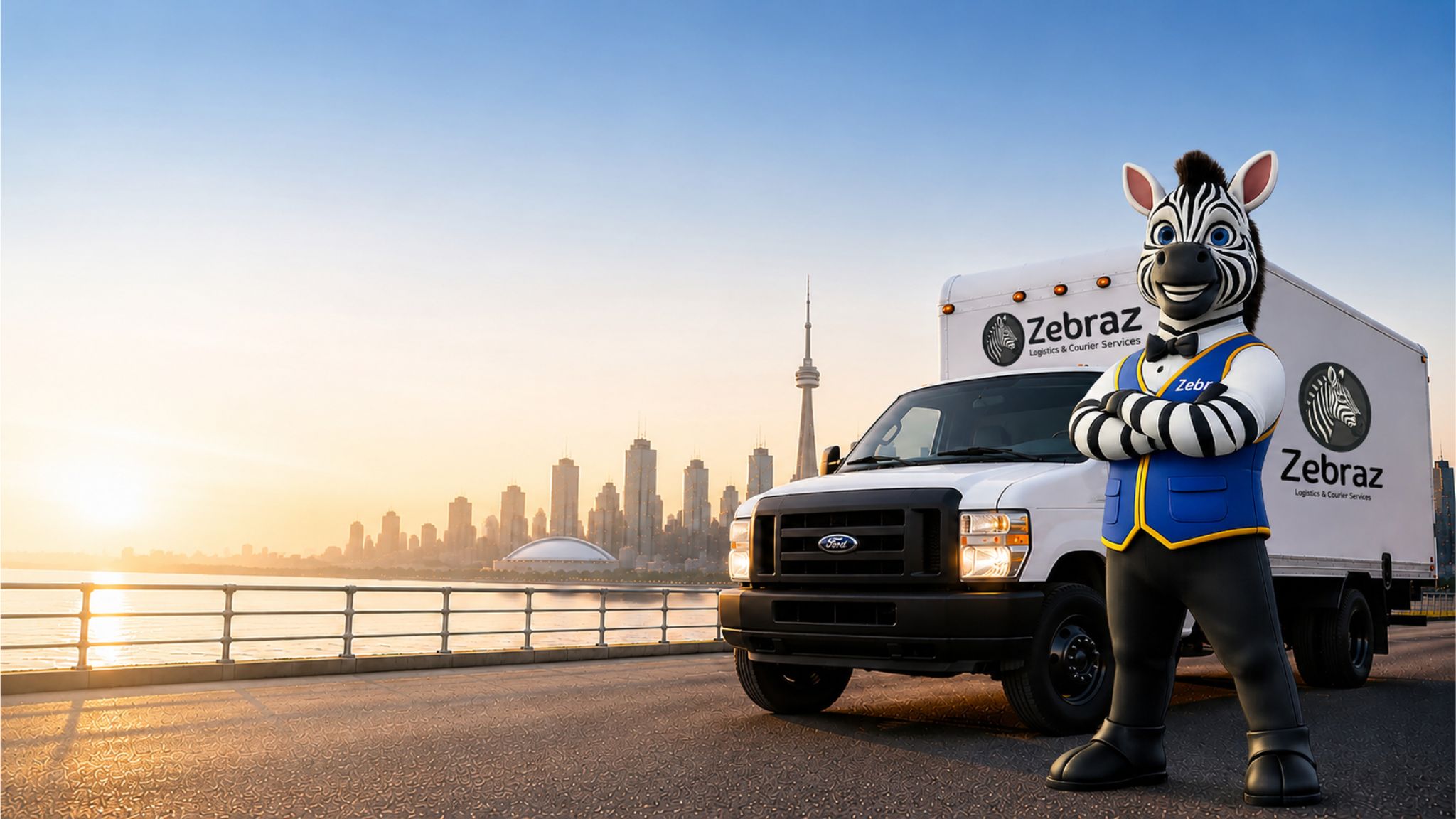 Zebraz logistics fleet, truck and mascot with Toronto skyline