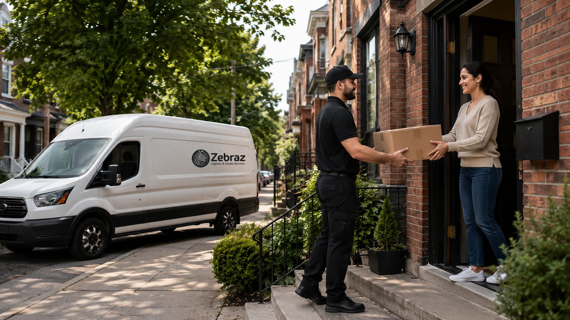 Courier delivering a parcel at a residential door